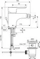 Bidetarmatur von Ideal Standard mit Ablauffunktion und einer Ausladung. Abmessungen und Anschlussdetails sind im technischen Diagramm ersichtlich.